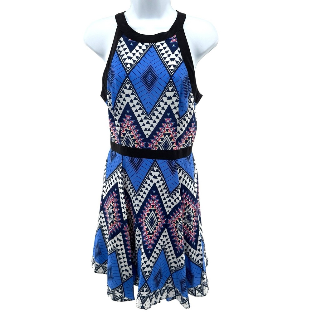 Yumi Kim Silk Racerback Mini Dress S Blue Aztec Geo‎ Tribal Print Fit Flare